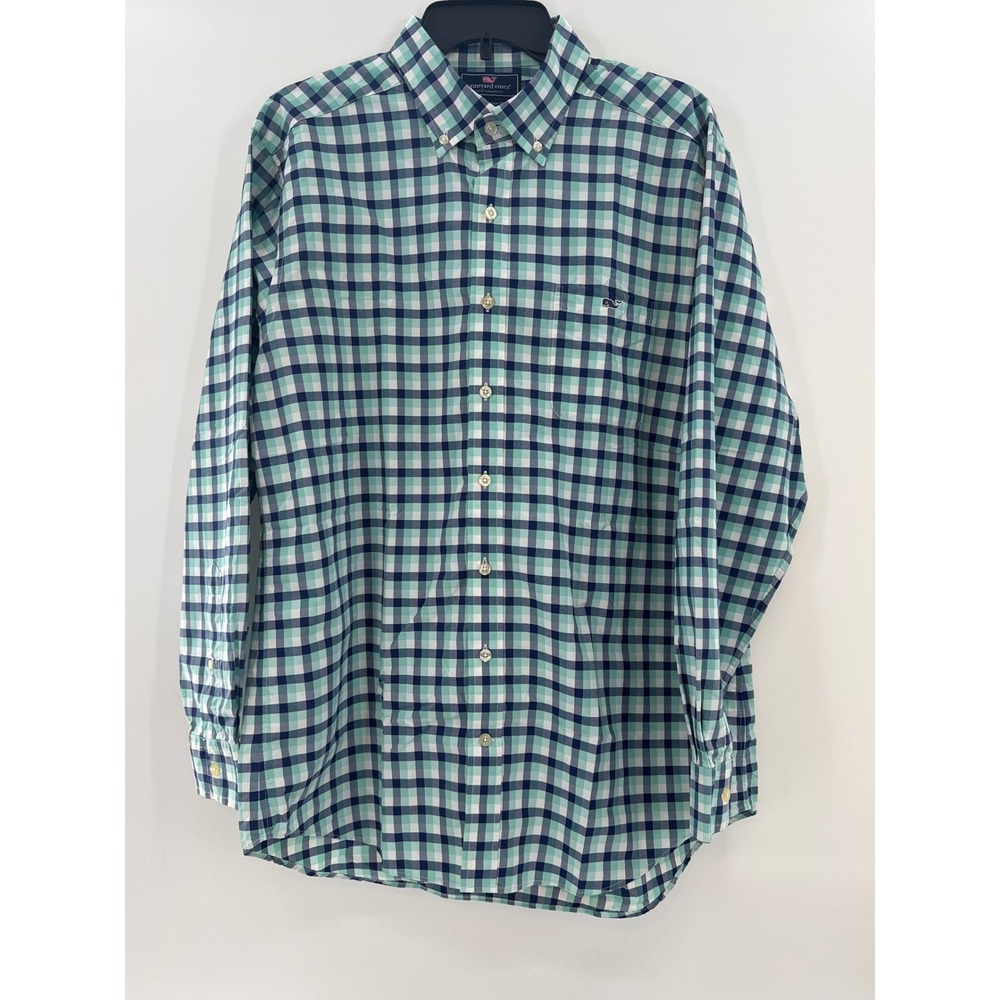 Vineyard Vines Performance Slim Fit Tucker Shirt Gingham Check Navy Aqua Men's L